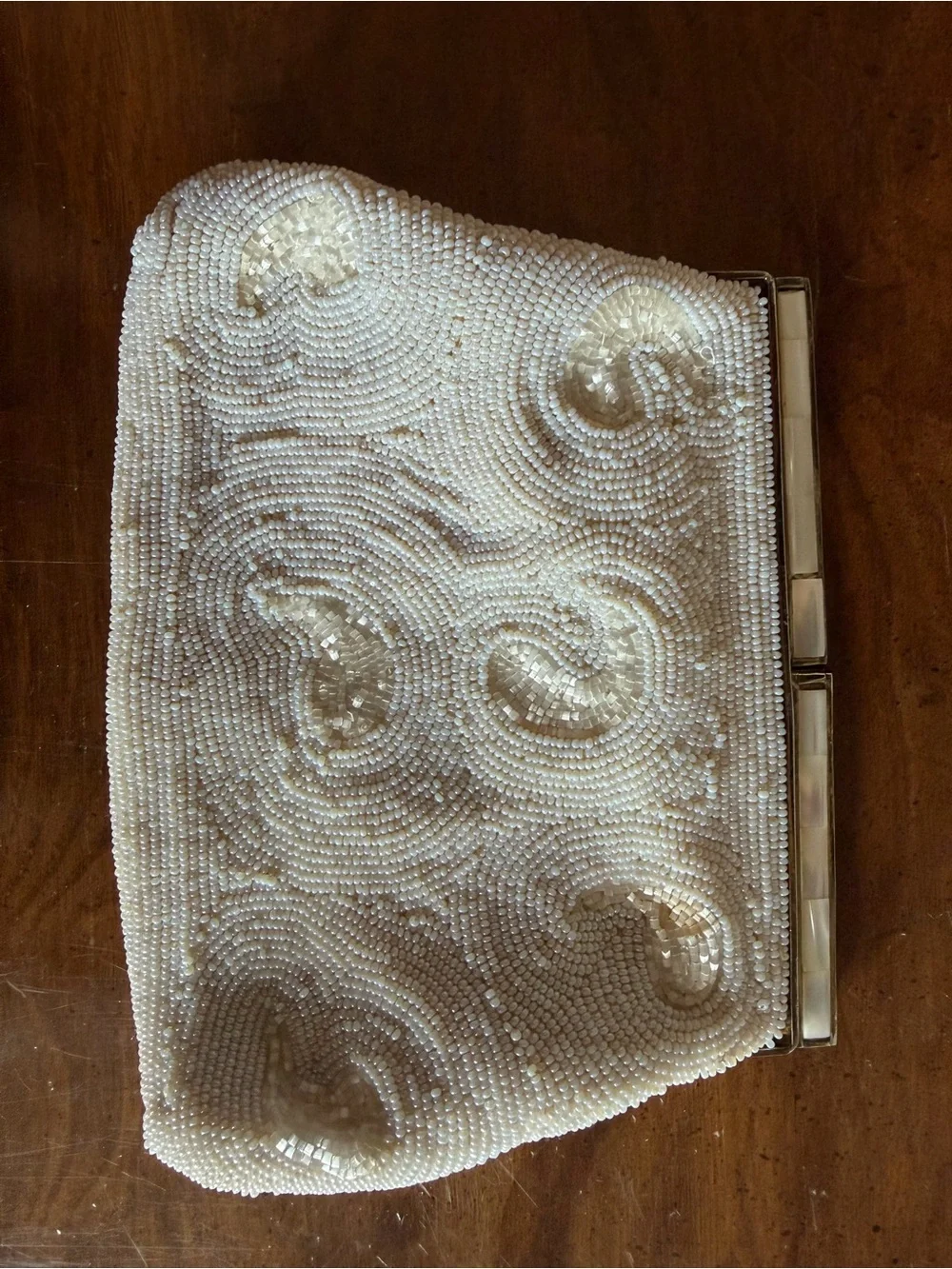 Vintage Ivory Beaded Evening Clutch with Swirl Detailing